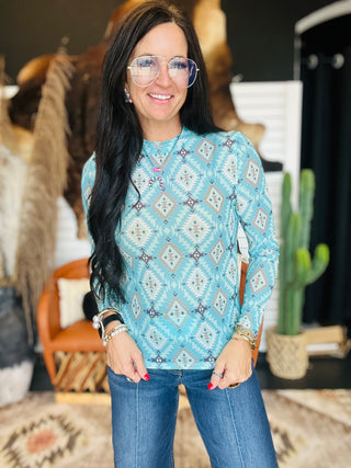 Trina Turquoise Aztec Print Mesh Top-Long Sleeves-Lucky & Blessed-Motis & Co Boutique, Women's Fashion Boutique in Carthage, Missouri