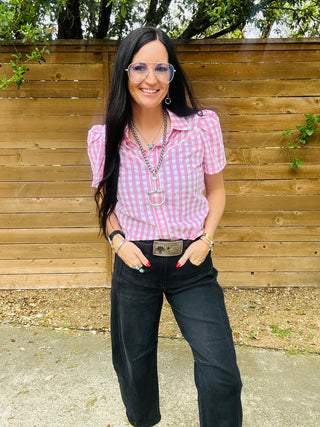Ginger Pink Plaid Western Blouse-Short Sleeves-Howdy Hanny-Motis & Co Boutique, Women's Fashion Boutique in Carthage, Missouri