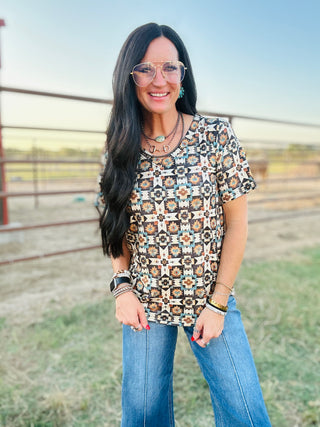 Golden Mesa Aztec Print Top-Short Sleeves-sterling kreek-Motis & Co Boutique, Women's Fashion Boutique in Carthage, Missouri