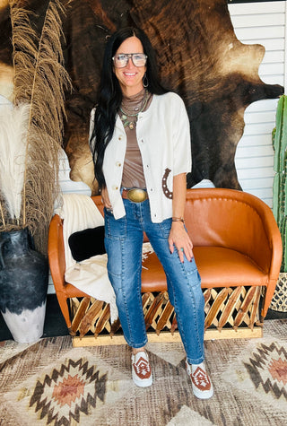 Hannah Horseshoe Short Sleeve White Cardigan