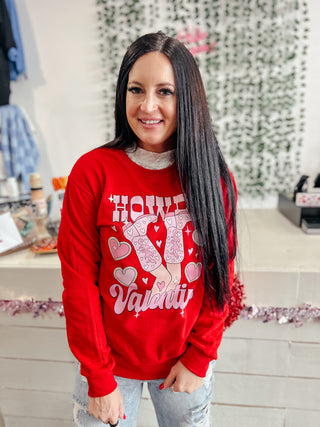 Howdy Valentine Red Sweatshirt-Graphic Sweaters-Motis & CO-Motis & Co Boutique, Women's Fashion Boutique in Carthage, Missouri