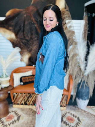 Lena Western Denim Embroidery Shirt-Long Sleeves-Taelynn-Motis & Co Boutique, Women's Fashion Boutique in Carthage, Missouri