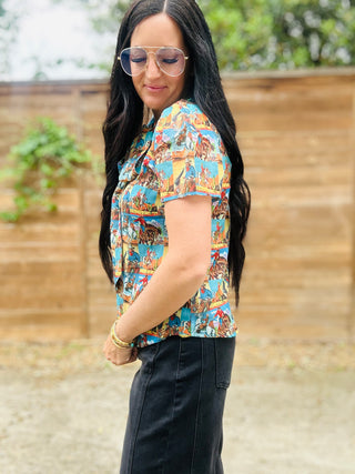 June Cowboy Art Tie Neck Blouse-Short Sleeves-Howdy Hanny-Motis & Co Boutique, Women's Fashion Boutique in Carthage, Missouri