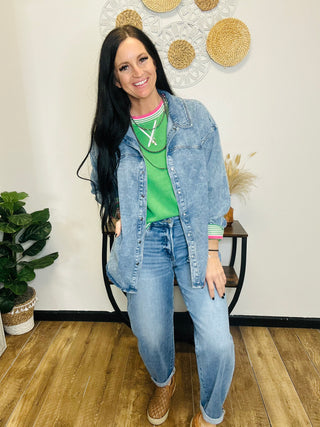 Val Varsity Trimmed Sweater -Green-Sweaters-staccato-Motis & Co Boutique, Women's Fashion Boutique in Carthage, Missouri