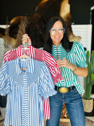 Tessa Striped Puff Sleeve Blouse-Short Sleeves-Entro-Motis & Co Boutique, Women's Fashion Boutique in Carthage, Missouri
