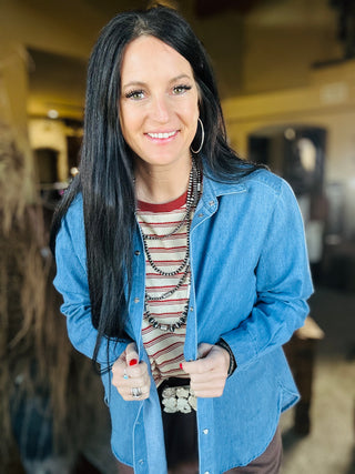 Daisy Denim Pearl Snap Blouse-Long Sleeves-Star Drop-Motis & Co Boutique, Women's Fashion Boutique in Carthage, Missouri