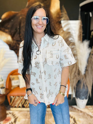 Sadie Western Print Button Front Blouse