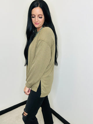 Oversized Long Sleeve Waffle Knit Top in Olive - Noel-Long Sleeves-Andree by Unit-Motis & Co Boutique, Women's Fashion Boutique in Carthage, Missouri