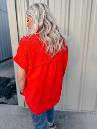 Rena Raw Edge Dolman Short Sleeve Blouse Red-Short Sleeves-GiGiO-Motis & Co Boutique, Women's Fashion Boutique in Carthage, Missouri