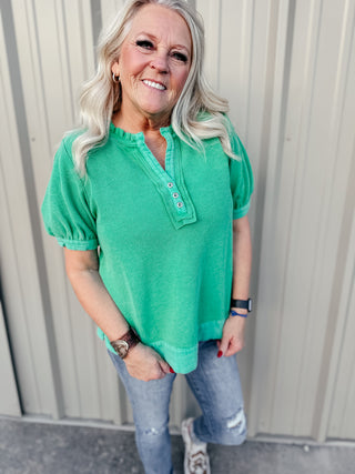 Gia Green V Neck Washed Waffle Top-Short Sleeves-Jodifl-Motis & Co Boutique, Women's Fashion Boutique in Carthage, Missouri