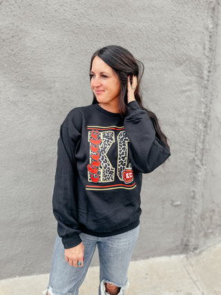 Chiefs Leopard KC Black Sweatshirt-Pullovers-Southern Babe Wholesale-Motis & Co Boutique, Women's Fashion Boutique in Carthage, Missouri