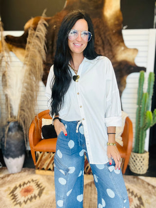 Quentin Polka Dot Denim Barrel Jeans-Jeans-BiBi-Motis & Co Boutique, Women's Fashion Boutique in Carthage, Missouri