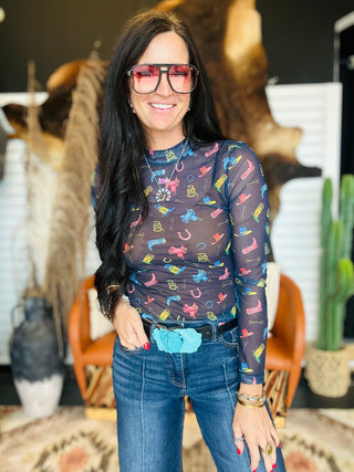 Ida Navy Western Print Mesh Top-Long Sleeves-Lucky & Blessed-Motis & Co Boutique, Women's Fashion Boutique in Carthage, Missouri