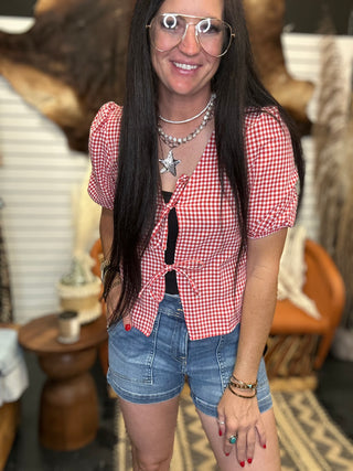 Ann Red Gingham Bow Tie Puff Vest Top-Short Sleeves-HYFVE-Motis & Co Boutique, Women's Fashion Boutique in Carthage, Missouri