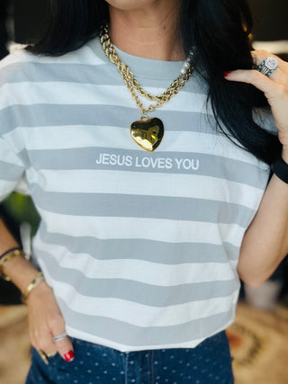 Jesus Loves You Grey Striped Tee-Graphic Tees-Wicker Road-Motis & Co Boutique, Women's Fashion Boutique in Carthage, Missouri