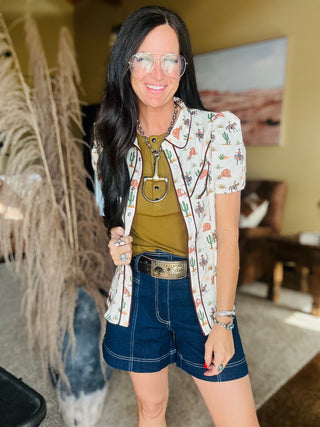 Callie Western Print Pearl Snap Blouse-Short Sleeves-Lucky & Blessed-Motis & Co Boutique, Women's Fashion Boutique in Carthage, Missouri