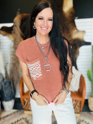 Aurora Brown Knit Boot Stitch Pocket Sweater-Short Sleeves-Lucky & Blessed-Motis & Co Boutique, Women's Fashion Boutique in Carthage, Missouri