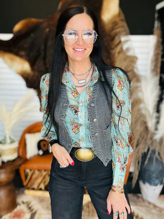 Carina Cowboy Howdy Sheer Blouse-Long Sleeves-Turquoise Haven-Motis & Co Boutique, Women's Fashion Boutique in Carthage, Missouri