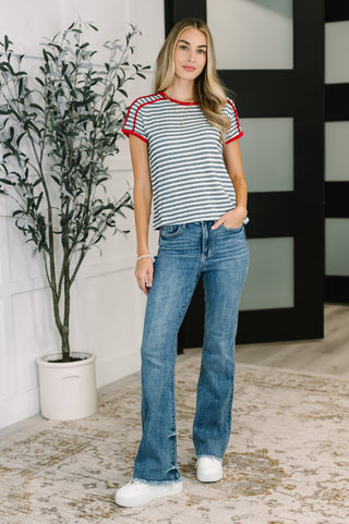 Country Stripe Casual Tee in Navy White-Short Sleeves-Ave Shops-Motis & Co Boutique, Women's Fashion Boutique in Carthage, Missouri