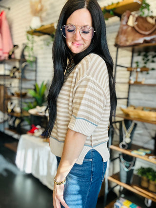 Charlotte Short Sleeve Striped Sweater-Short Sleeves-blu pepper-Motis & Co Boutique, Women's Fashion Boutique in Carthage, Missouri