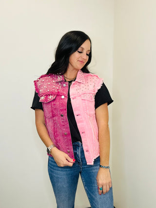 Teva Two Tone Denim Pearl and Crystal Vest-Vests-BiBi-Motis & Co Boutique, Women's Fashion Boutique in Carthage, Missouri