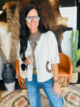 Hannah Horseshoe Short Sleeve White Cardigan