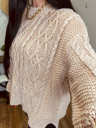Long sleeve Cable Knit Sweater in Camel - Iris-Sweaters-EASEL-Motis & Co Boutique, Women's Fashion Boutique in Carthage, Missouri