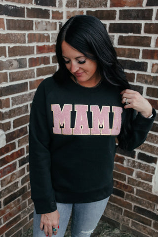 Mama Chenille Patch Black Sweatshirt-Graphic Tees-Texas True Threads-Motis & Co Boutique, Women's Fashion Boutique in Carthage, Missouri