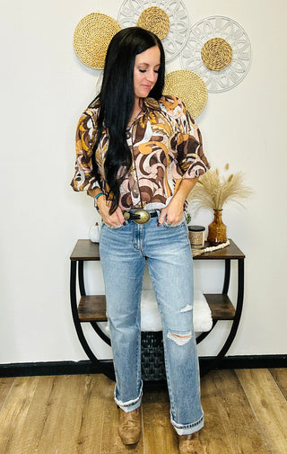 Ariel Brown Mixed Print Blouse-Long Sleeves-GiGiO-Motis & Co Boutique, Women's Fashion Boutique in Carthage, Missouri