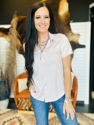 Annie Pink Pearl Snap Blouse-Short Sleeves-Lucky & Blessed-Motis & Co Boutique, Women's Fashion Boutique in Carthage, Missouri
