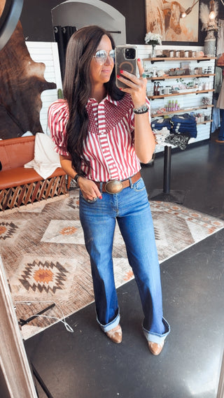 Tessa Striped Puff Sleeve Blouse-Short Sleeves-Entro-Motis & Co Boutique, Women's Fashion Boutique in Carthage, Missouri
