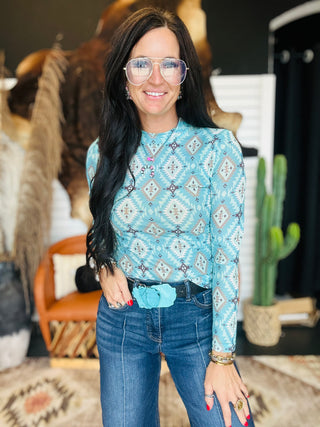 Trina Turquoise Aztec Print Mesh Top-Long Sleeves-Lucky & Blessed-Motis & Co Boutique, Women's Fashion Boutique in Carthage, Missouri