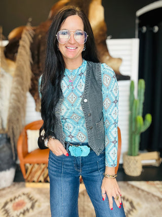 Trina Turquoise Aztec Print Mesh Top-Long Sleeves-Lucky & Blessed-Motis & Co Boutique, Women's Fashion Boutique in Carthage, Missouri