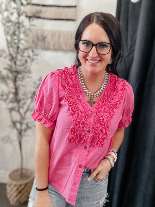 Pink Denim Button Up Top-Short Sleeves-Jodifl-Motis & Co Boutique, Women's Fashion Boutique in Carthage, Missouri