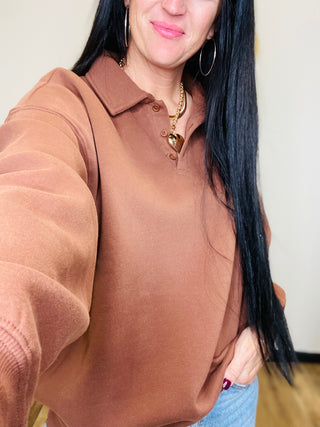 Polo Fleece Pullover Chestnut Kayla-Pullovers-HYFVE-Motis & Co Boutique, Women's Fashion Boutique in Carthage, Missouri