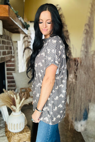 Grit and Grind Western Print Top-Short Sleeves-2 Fly-Motis & Co Boutique, Women's Fashion Boutique in Carthage, Missouri