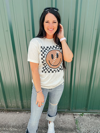 Smiley Checkered Football Graphic Tee-Graphic Tees-P&PD-Motis & Co Boutique, Women's Fashion Boutique in Carthage, Missouri