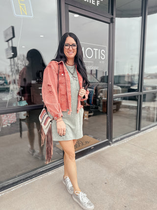 Distressed Denim Jacket Brick-Coats & Jackets-POL-Motis & Co Boutique, Women's Fashion Boutique in Carthage, Missouri