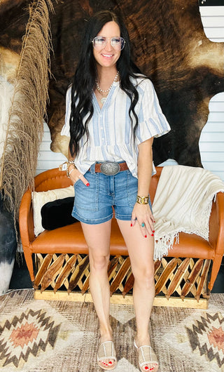 Leslie Striped Bell Sleeve Blouse-Short Sleeves-blu pepper-Motis & Co Boutique, Women's Fashion Boutique in Carthage, Missouri