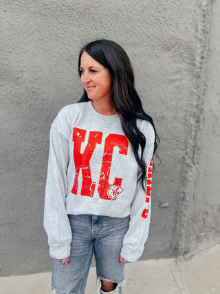 KC Football Chiefs Sleeve Sweatshirt-Pullovers-Southern Babe Wholesale-Motis & Co Boutique, Women's Fashion Boutique in Carthage, Missouri