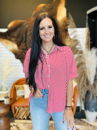Tess Striped Oversized Blouse - Red-Short Sleeves-Zenana-Motis & Co Boutique, Women's Fashion Boutique in Carthage, Missouri