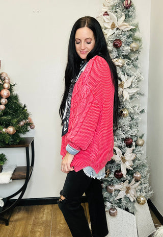 Cable Knit Sweater in Raspberry - Iris-Sweaters-EASEL-Motis & Co Boutique, Women's Fashion Boutique in Carthage, Missouri