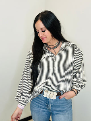 Faith Button Up Striped Blouse-Blouses-Entro-Motis & Co Boutique, Women's Fashion Boutique in Carthage, Missouri