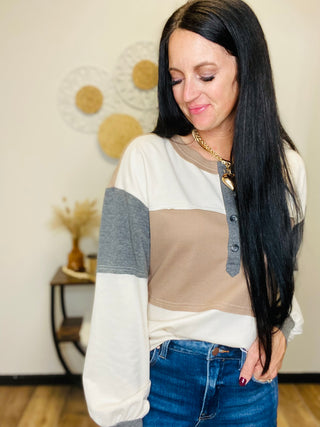 Patchwork Waffle Henley Long Sleeve Top - Parker-Long Sleeves-Dear Lover-Motis & Co Boutique, Women's Fashion Boutique in Carthage, Missouri