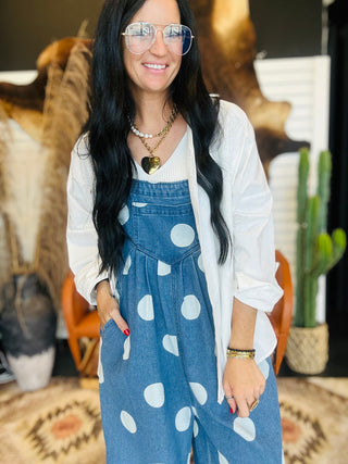 Quinn Polka Dot Denim Overalls-Pants-BiBi-Motis & Co Boutique, Women's Fashion Boutique in Carthage, Missouri