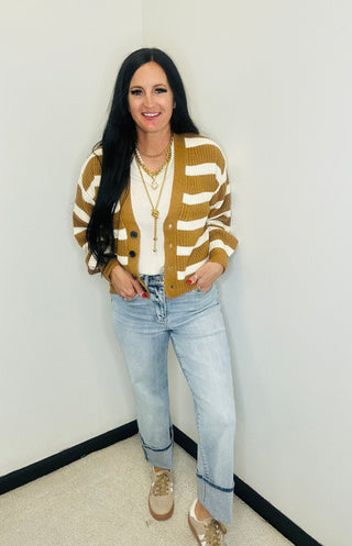 Button Front Striped Cardigan in Brown - Matilda-Cardigans-HYFVE-Motis & Co Boutique, Women's Fashion Boutique in Carthage, Missouri