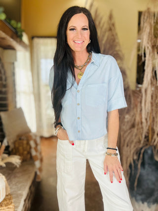Tay Short Sleeve Blue Button Up Top-Short Sleeves-HYFVE-Motis & Co Boutique, Women's Fashion Boutique in Carthage, Missouri