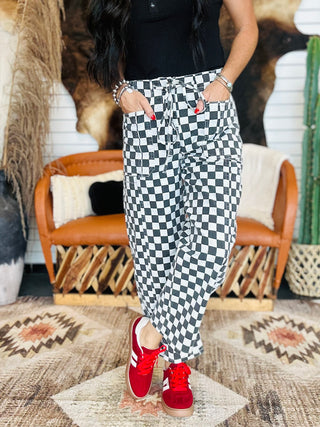 Fast Lane Black and White Barrel Jeans-Jeans-sterling kreek-Motis & Co Boutique, Women's Fashion Boutique in Carthage, Missouri