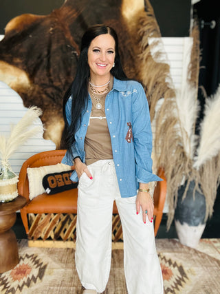 Lena Western Denim Embroidery Shirt-Long Sleeves-Taelynn-Motis & Co Boutique, Women's Fashion Boutique in Carthage, Missouri