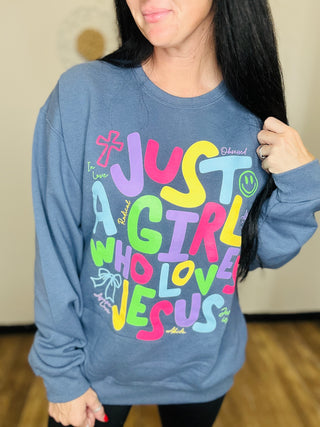 Girl Who Loves Jesus Graphic Sweatshirt-graphic Sweatshirt-Poppy & Pine-Motis & Co Boutique, Women's Fashion Boutique in Carthage, Missouri